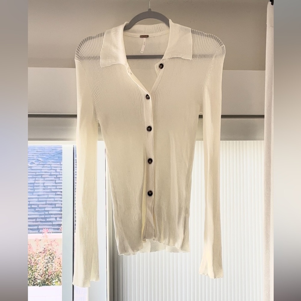 Free People H20 Polo Cardi Ivory Cream Slinky Top Shirt Cardigan Size XS NWOT